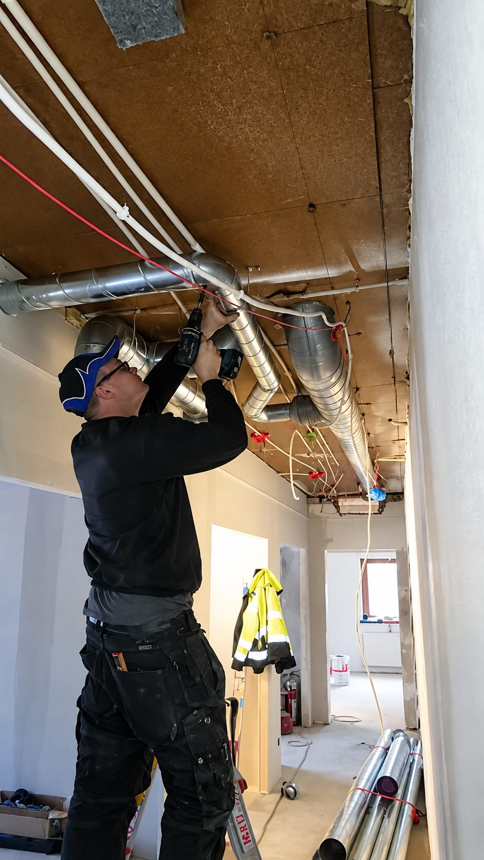 Montör drar ventilationskanaler i taket i en lokal