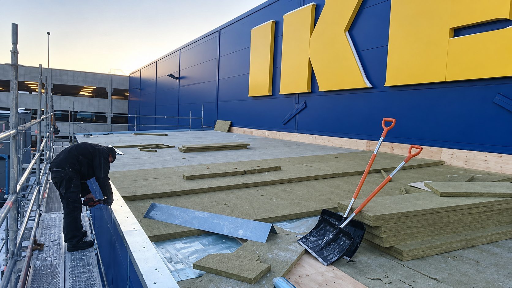 Plåtslagare på taket vid IKEA:s utbyggnad i Sundsvall